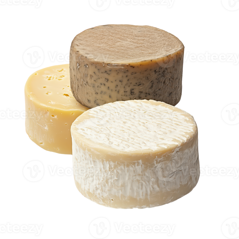 Creamy cheese varieties stacked together, showcasing unique textures and colors isolated on transparent background. png