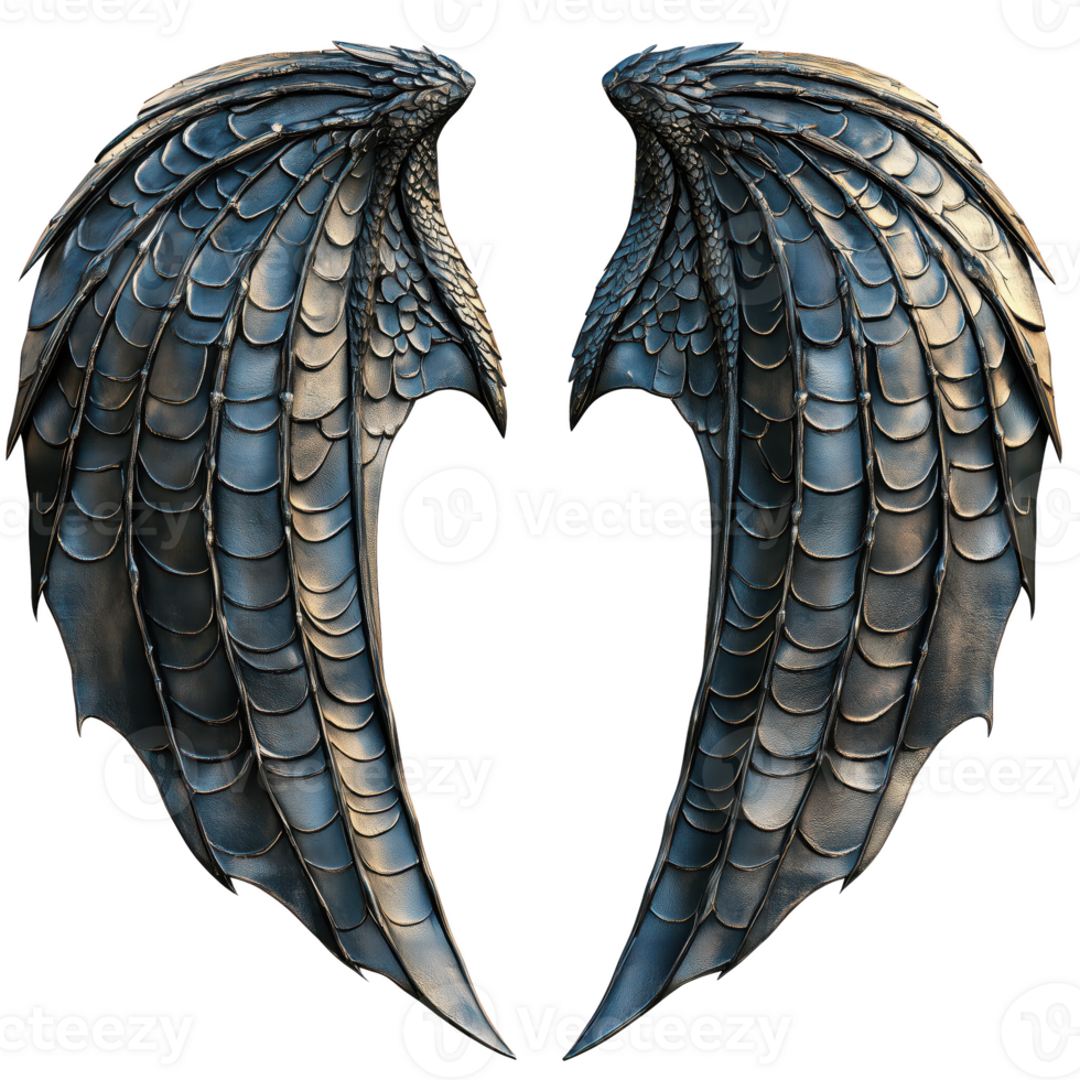 Blue dragon wings with intricate scales and metallic finish isolated on transparent background. png