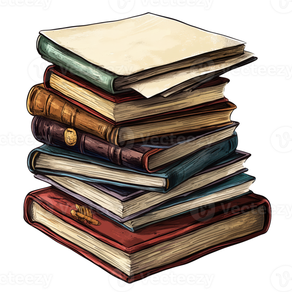 Stack of colorful books with blank sheet on top, symbolizing knowledge and creativity isolated on transparent background. png