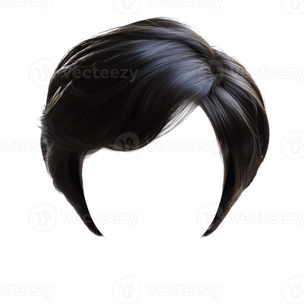 Stylish short black hair with soft waves and volume. Isolated on transparent background. png