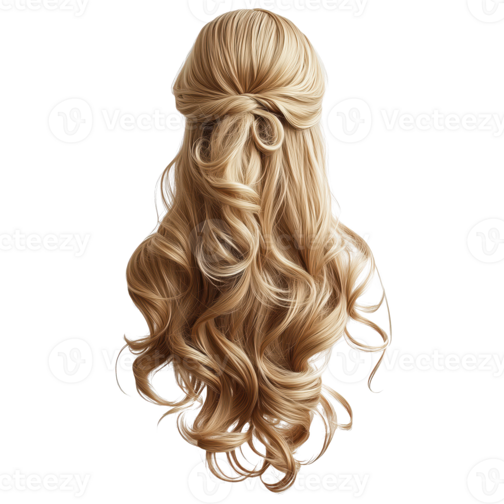 Long blonde wavy hair with elegant curls and half up style. Isolated on transparent background. png