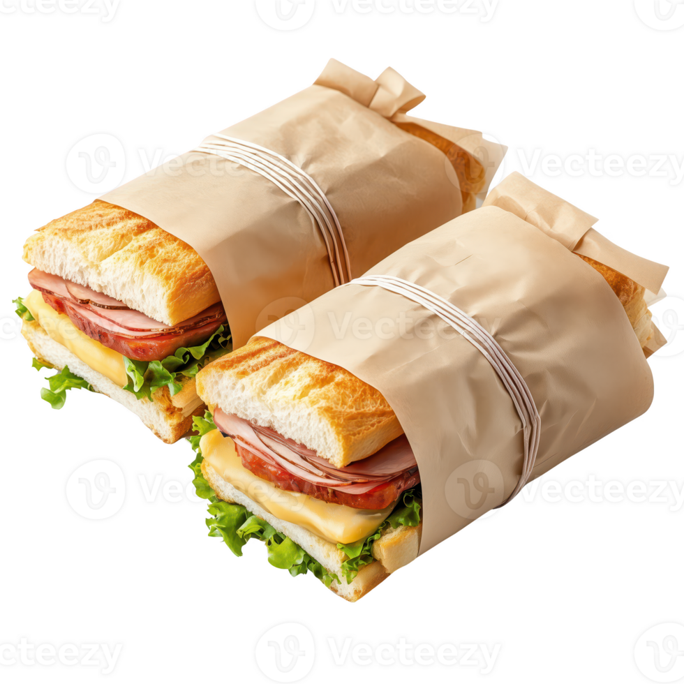 Freshly wrapped sandwiches with layers of meat and vegetables. Isolated on transparent background. png
