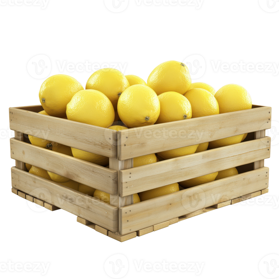 Fresh lemons in wooden crate, perfect for cooking and drinks isolated on transparent background. png