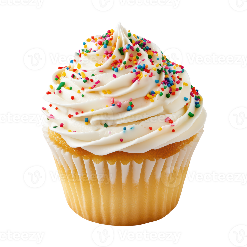 Delicious cupcake topped with creamy frosting and colorful sprinkles. Isolated on transparent background. png