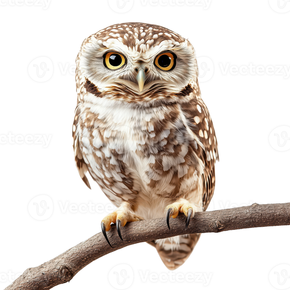detailed portrait of spotted owl perched on branch, showcasing its striking features and vibrant. Isolated on transparent background. png