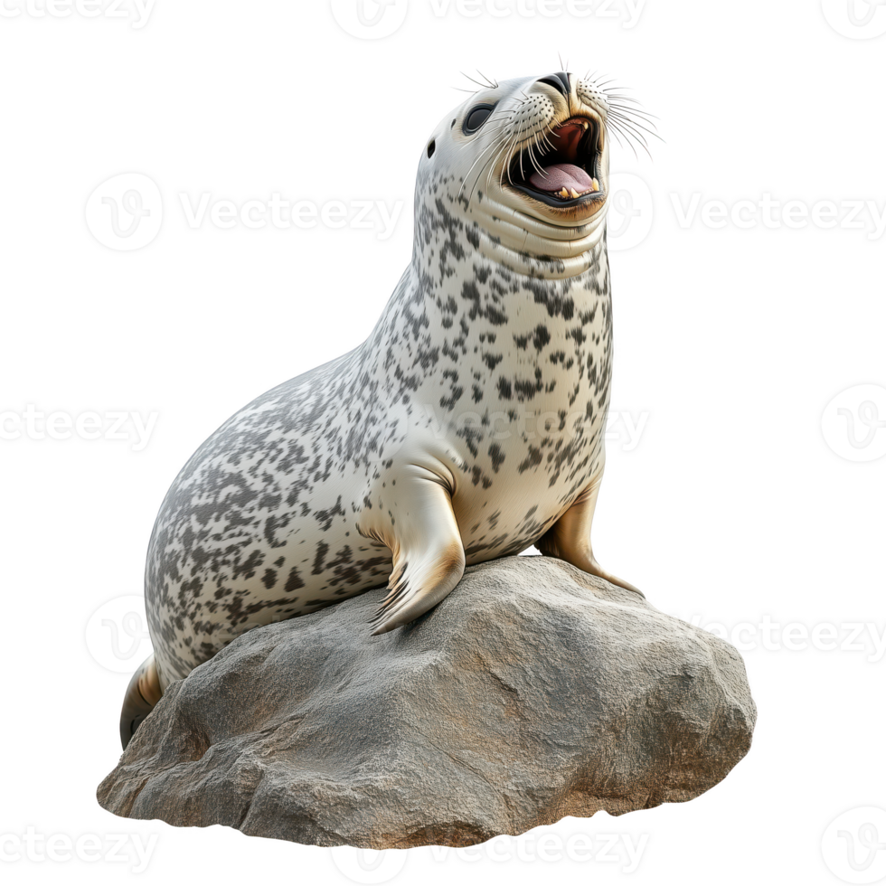 Happy seal resting on rock, showcasing its playful nature and unique spots. Isolated on transparent background. png