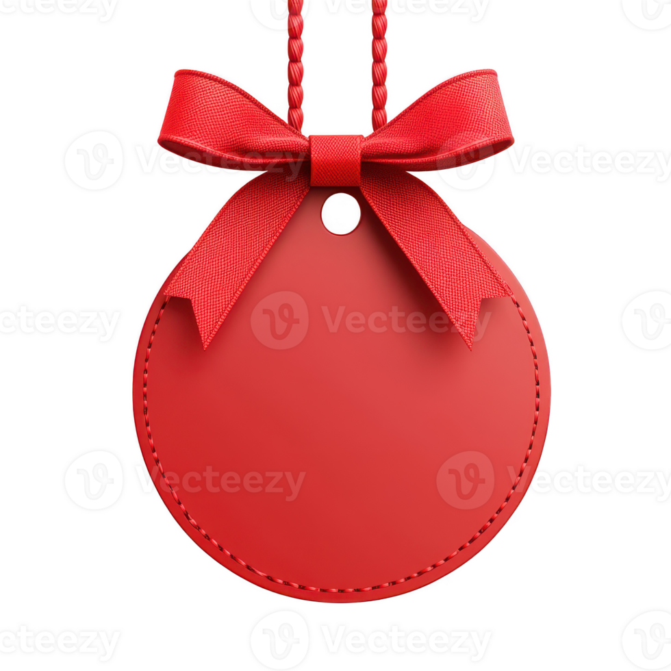 Red circular gift tag with bow, perfect for festive occasions. Isolated on transparent background. png
