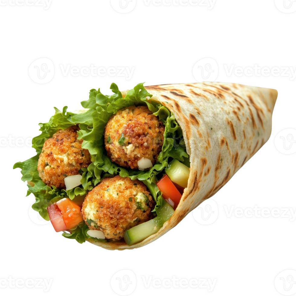 Delicious falafel wrap with fresh vegetables and lettuce. Isolated on transparent background. png