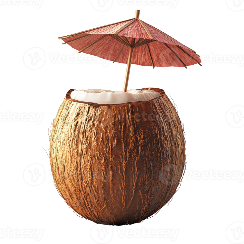 Coconut drink with umbrella, tropical vibe, refreshing and fun. Isolated on transparent background. png