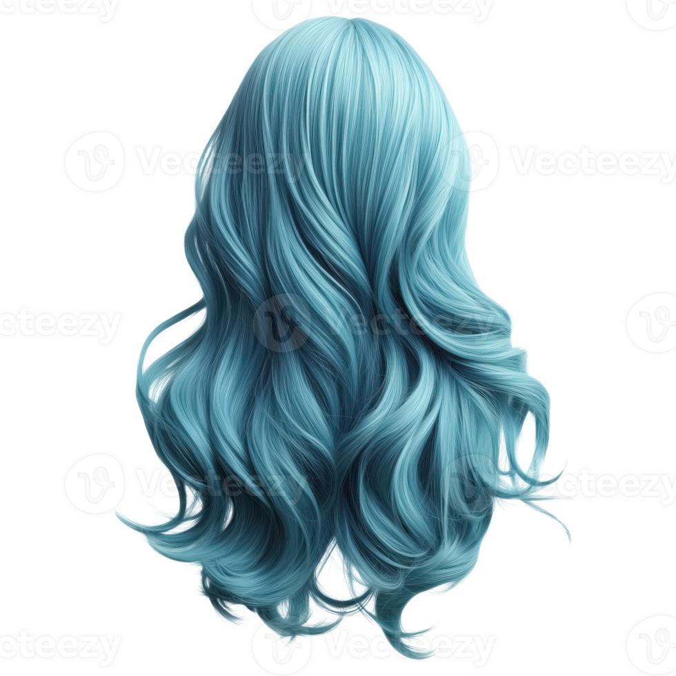 Long blue wavy hair with glossy finish, perfect for styling. Isolated on transparent background. png
