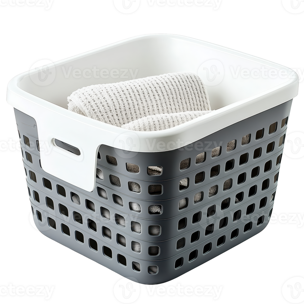 Organizational basket with towels, perfect for home storage solutions. Isolated on transparent background. png