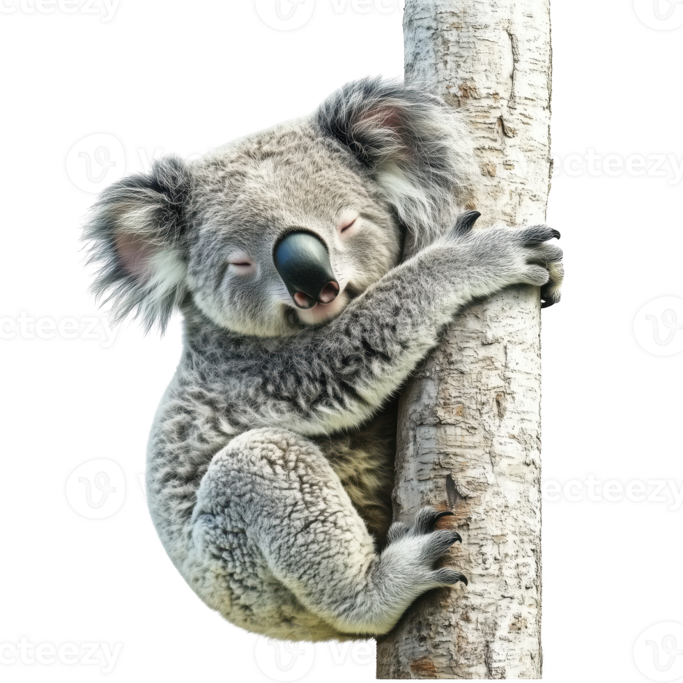 cute koala resting on tree trunk, showcasing its fluffy fur and peaceful demeanor isolated on transparent background. png