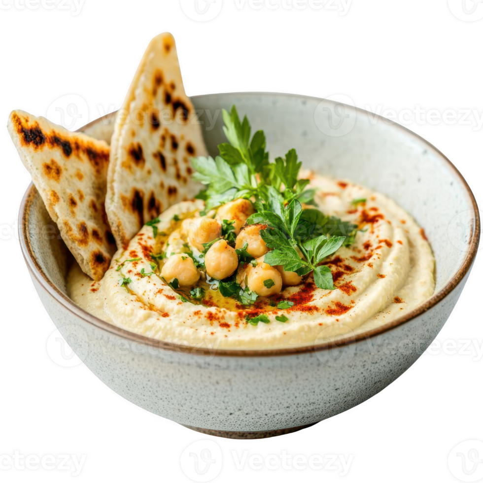 Creamy hummus topped with chickpeas and parsley, served with pita. Isolated on transparent background. png