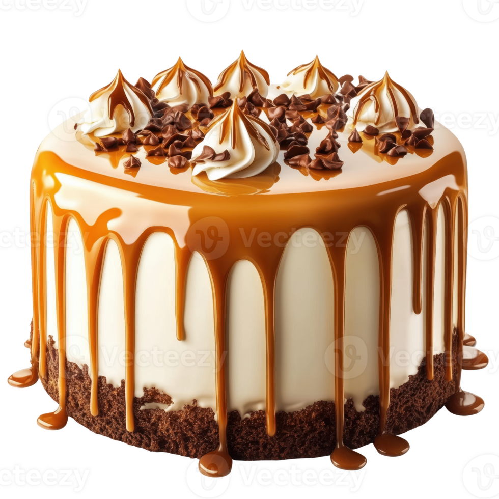 Decadent caramel cake with chocolate shavings and whipped cream. Isolated on transparent background. png