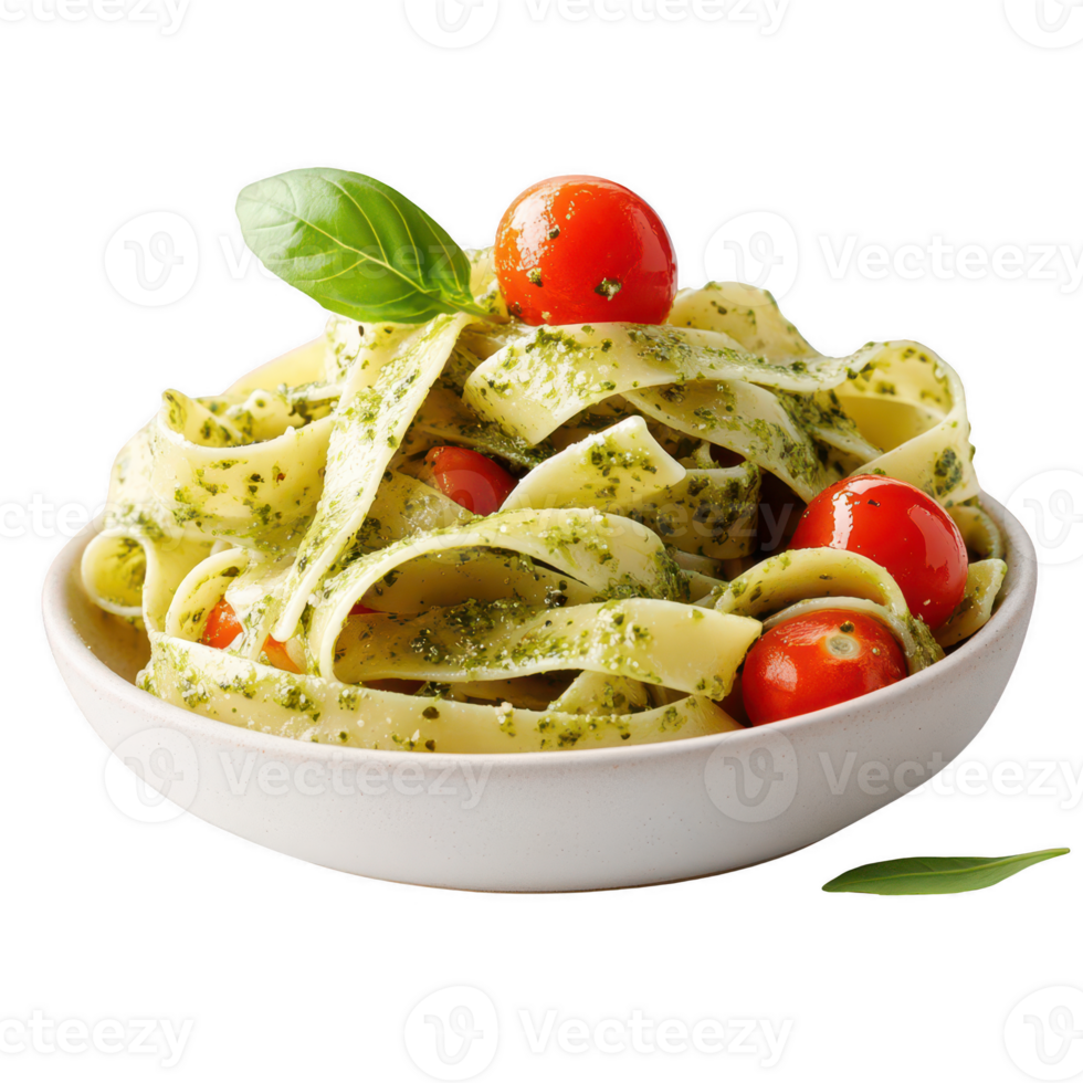 Delicious pasta with pesto sauce and cherry tomatoes garnished with basil. Isolated on transparent background. png