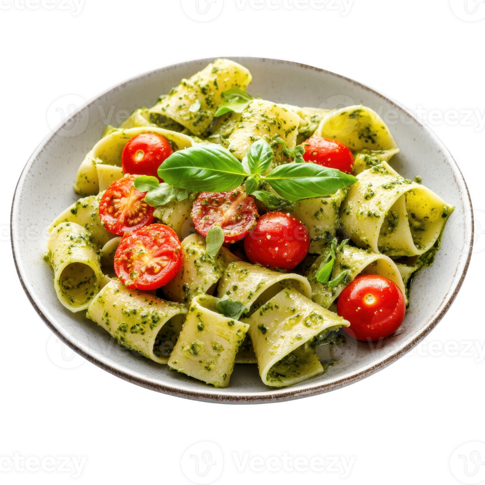 Delicious pasta with pesto, cherry tomatoes, and fresh basil leaves. Isolated on transparent background. png