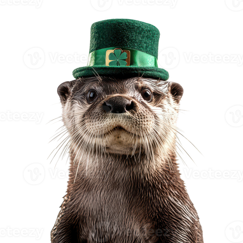 Adorable otter wearing green hat with shamrock for St. Patrick Day. Isolated on transparent background. png