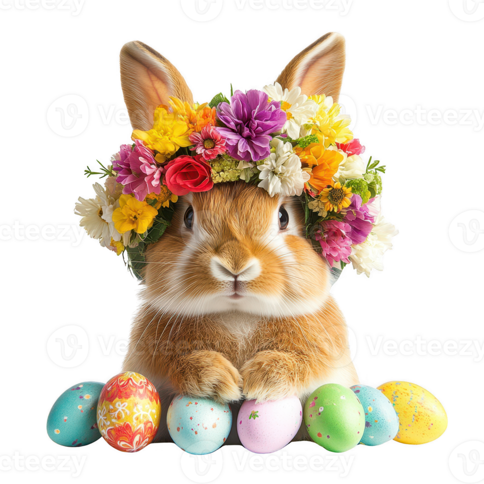Fluffy rabbit with flower crown and colorful Easter eggs. Isolated on transparent background. png
