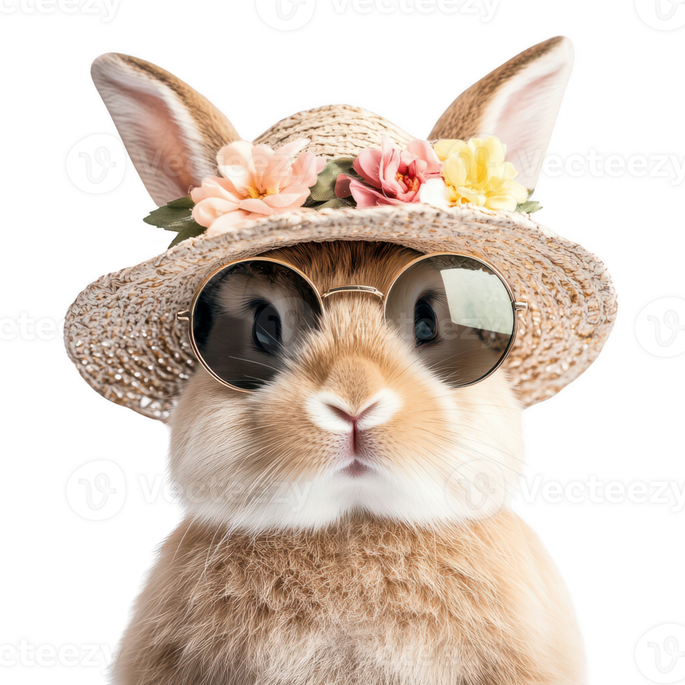 Cute rabbit wearing floral hat and sunglasses, exuding charm and style. Isolated on transparent background. png