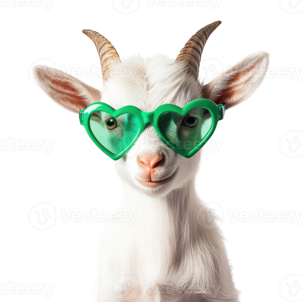 Funny goat wearing heart shaped green sunglasses, looking playful and cute. Isolated on transparent background. png