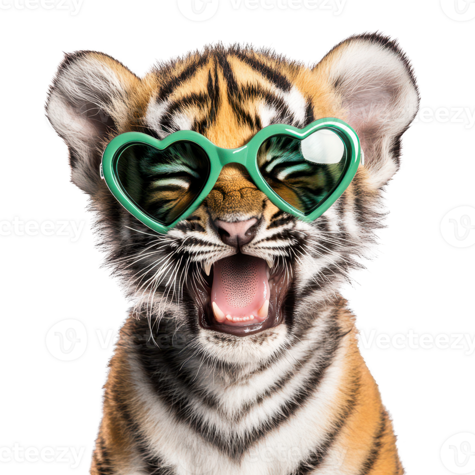 Playful tiger cub wearing heart shaped sunglasses, expressing joy and fun. Isolated on transparent background. png