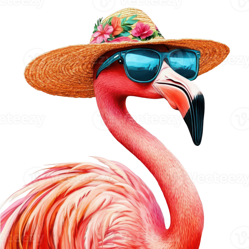 vibrant flamingo wearing straw hat and sunglasses, exuding fun. Isolated on transparent background. png
