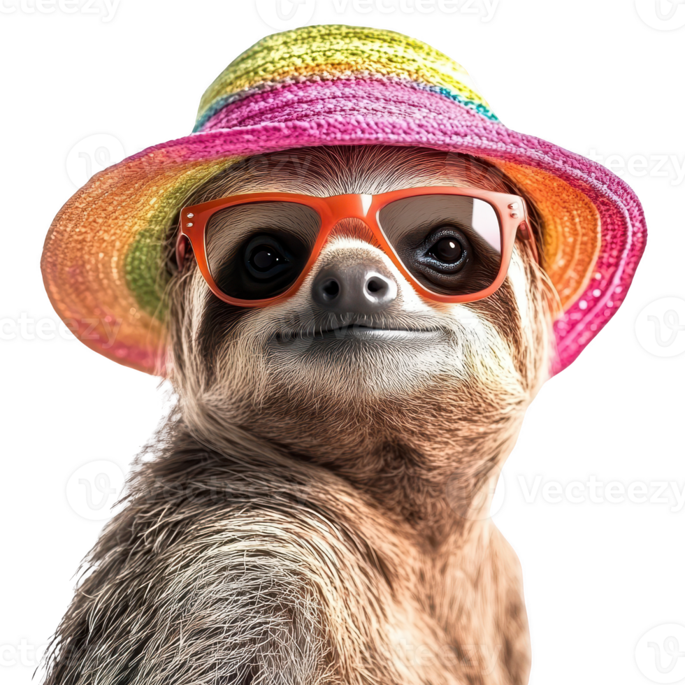 sloth wearing colorful hat and sunglasses, exuding fun vibe. Isolated on transparent background. png