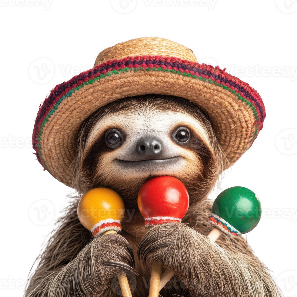 cheerful sloth wearing straw hat holds colorful maracas, exuding joy. Isolated on transparent background. png