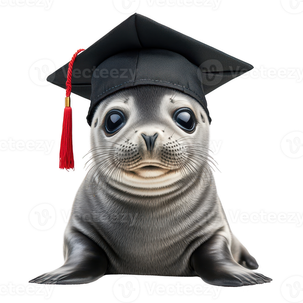 Graduating seal wearing cap, symbolizing achievement and joy. Isolated on transparent background. png
