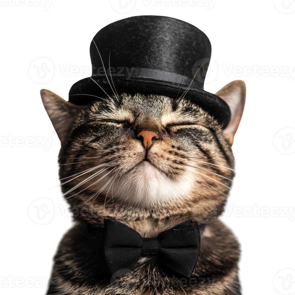 Dapper cat wearing top hat and bow tie, exuding charm and elegance. Isolated on transparent background. png