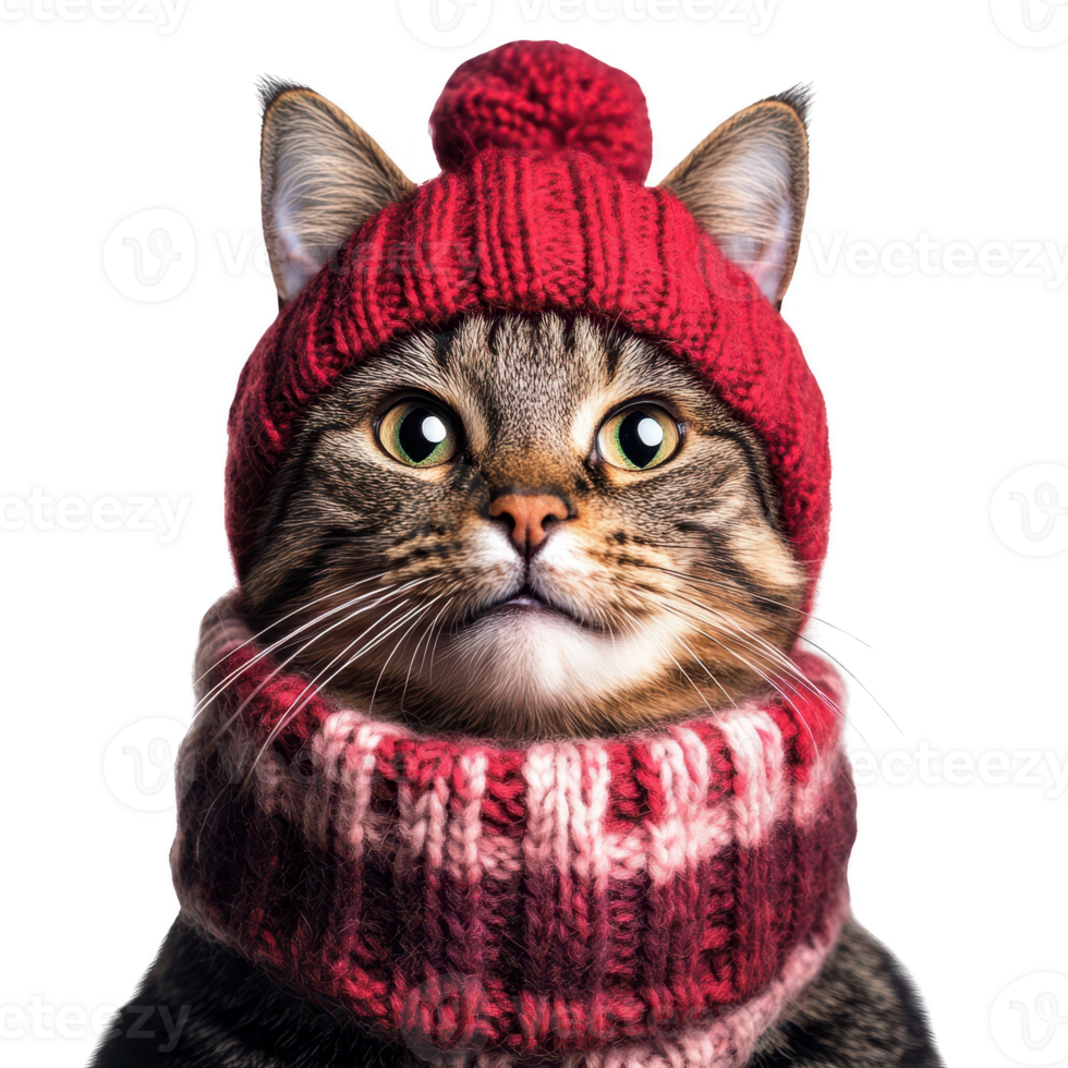 cat wearing red knitted hat and scarf, looking cozy and cute. Isolated on transparent background. png