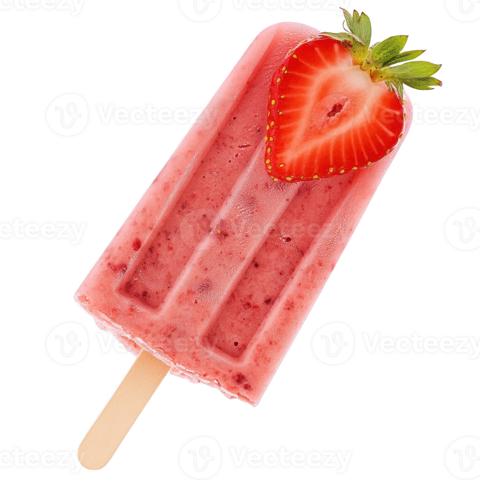 Delicious strawberry ice cream popsicle with fresh fruit topping. Isolated on transparent background. png