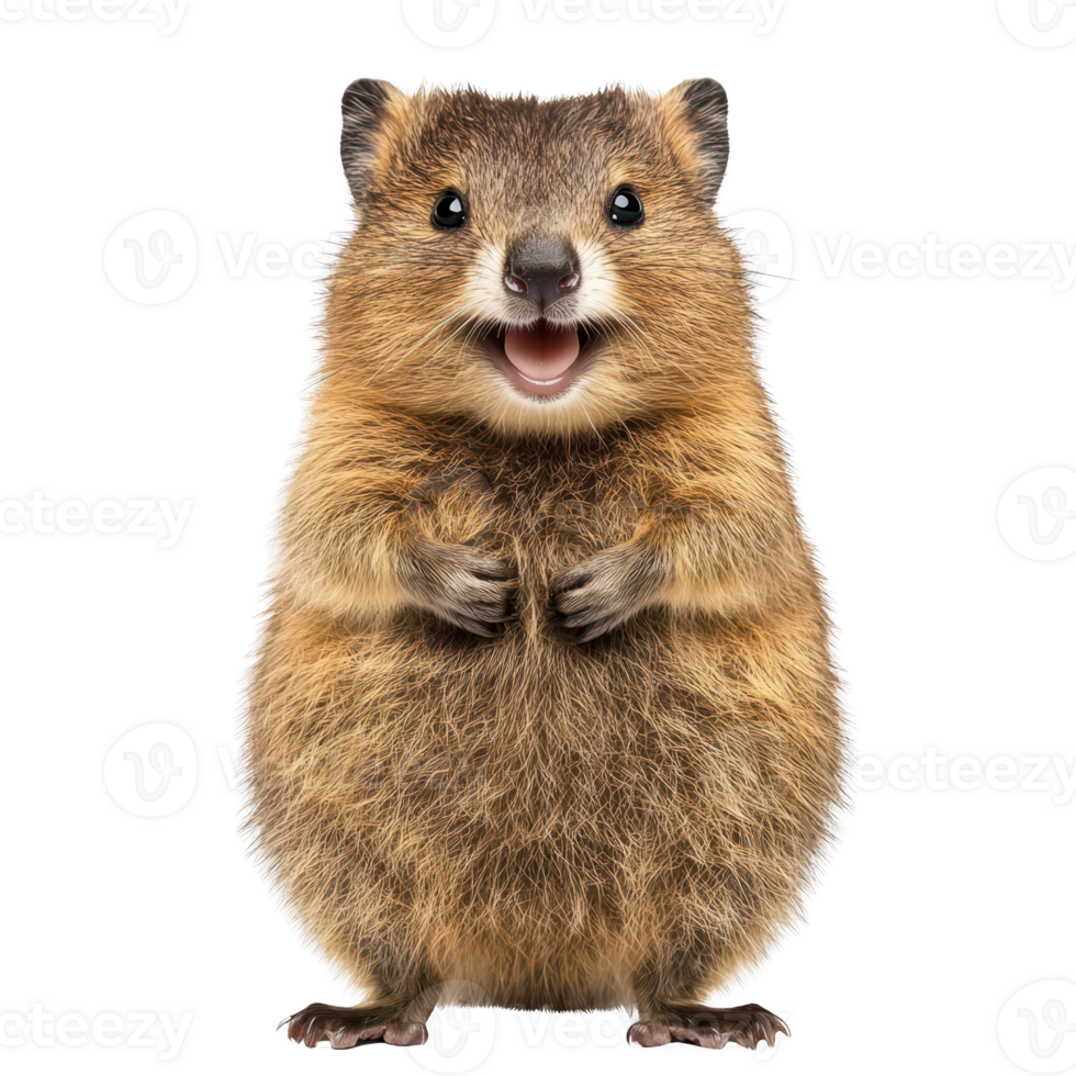 Happy quokka standing upright with cheerful expression. Isolated on transparent background. png