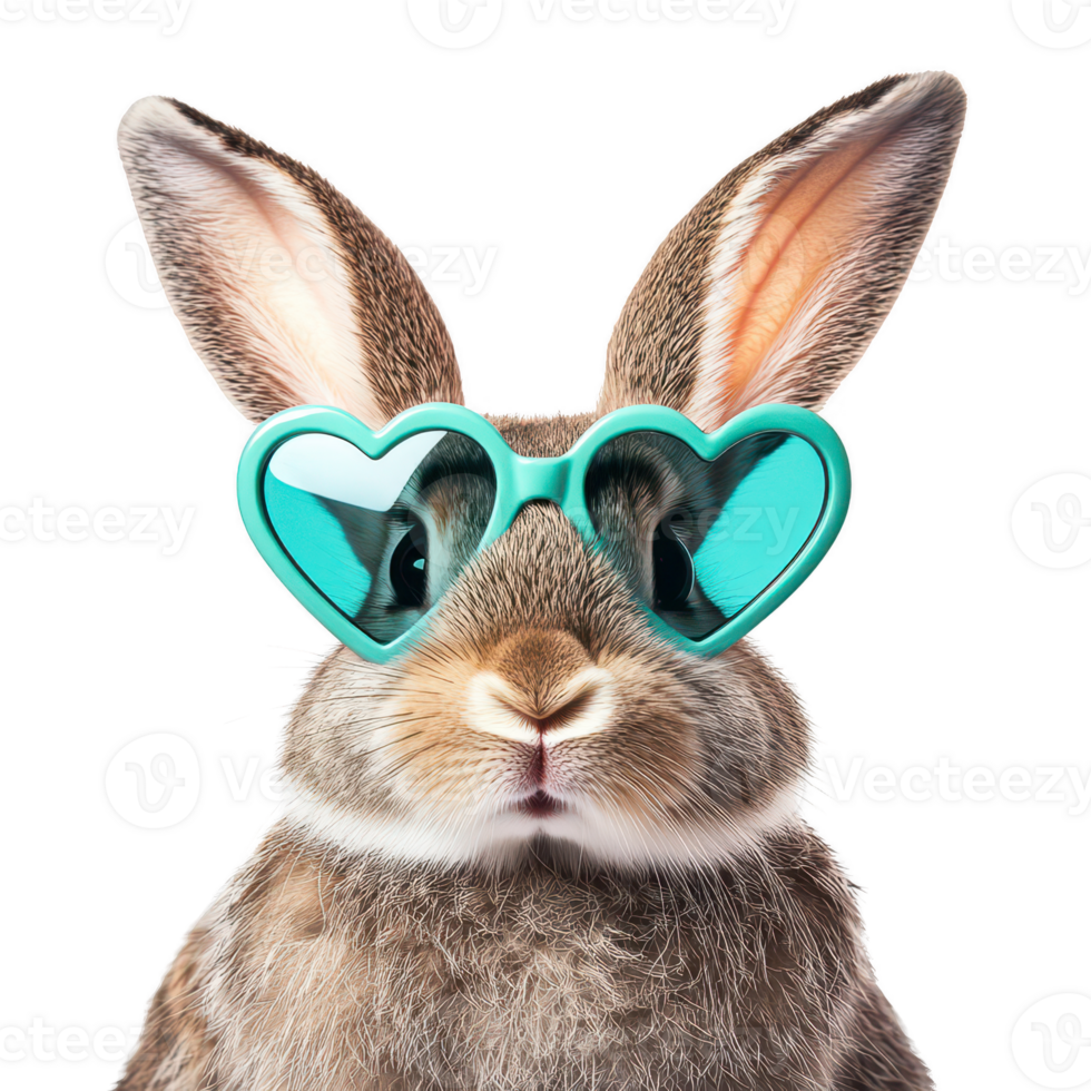 Stylish rabbit wearing heart shaped sunglasses on black background. Isolated on transparent background. png