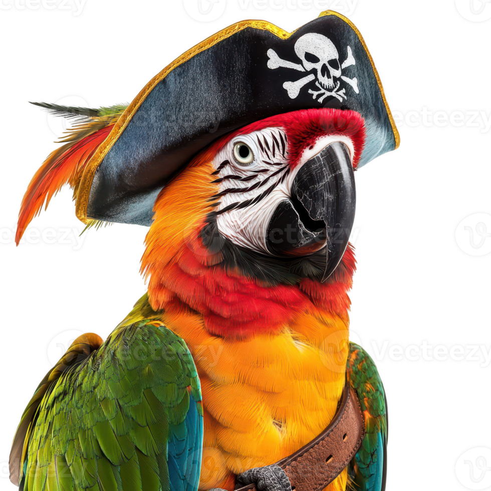 Colorful parrot wearing pirate hat and belt, exuding playful spirit. Isolated on transparent background. png