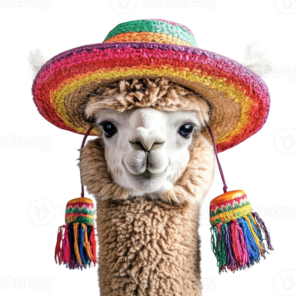 playful llama wearing colorful sombrero with tassels. Isolated on transparent background. png