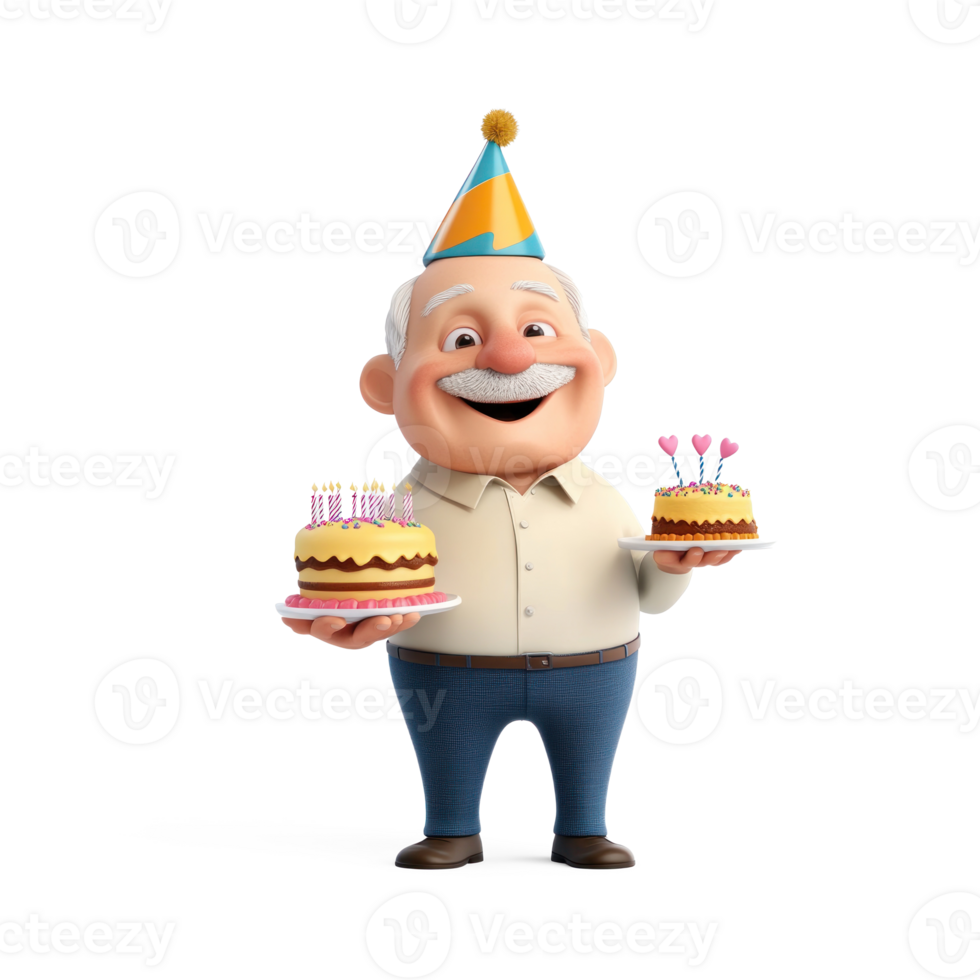 Exciting Senior man wearing party hat holding birthday cake 3D icon cartoon isolate png