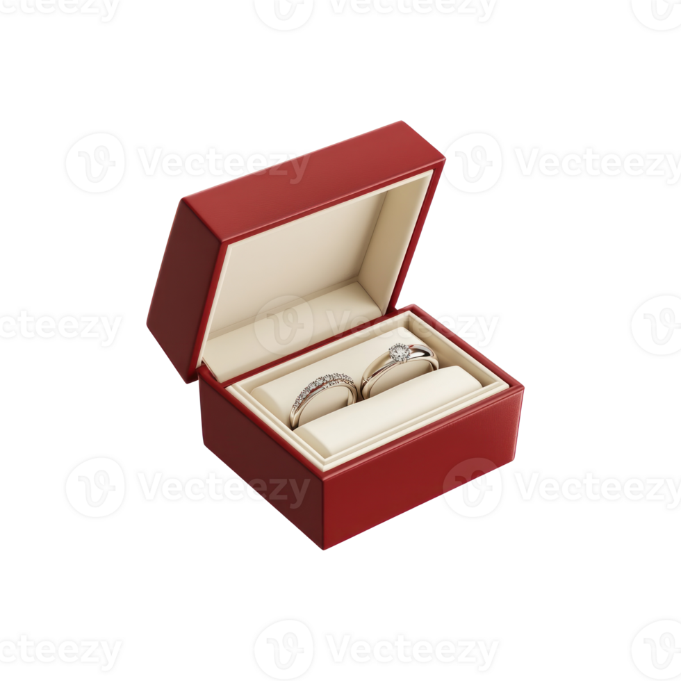 Wedding rings in red box open 3D icon cartoon isolate png