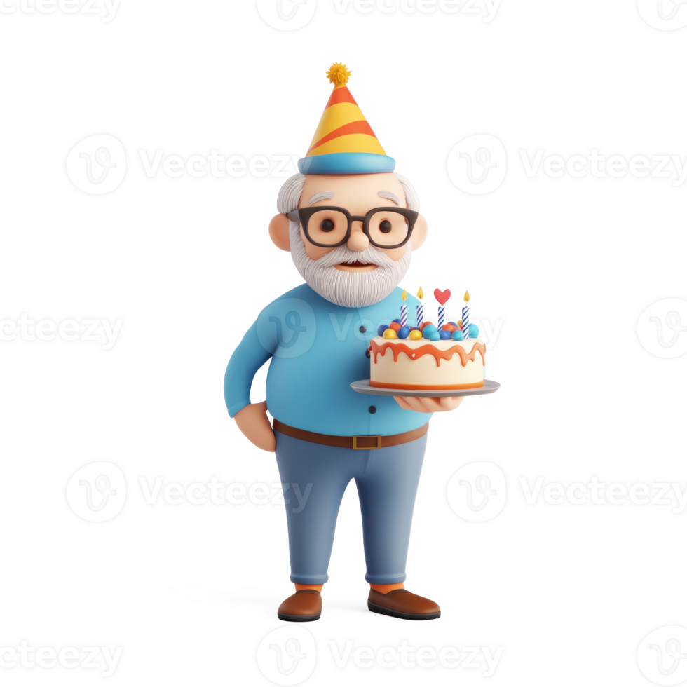 Exciting Senior man wearing party hat holding birthday cake 3D icon cartoon isolate png
