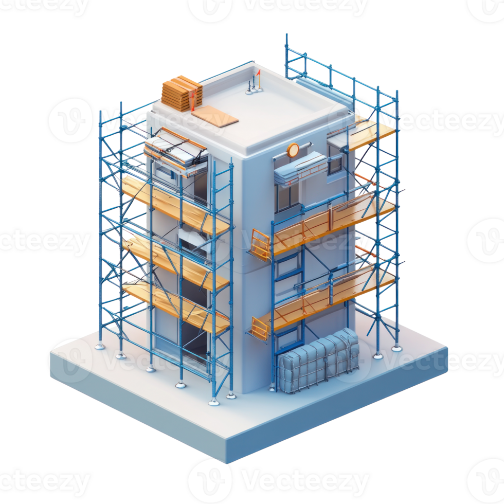 Construction scaffolding and a building under construction 3D icon isolate png