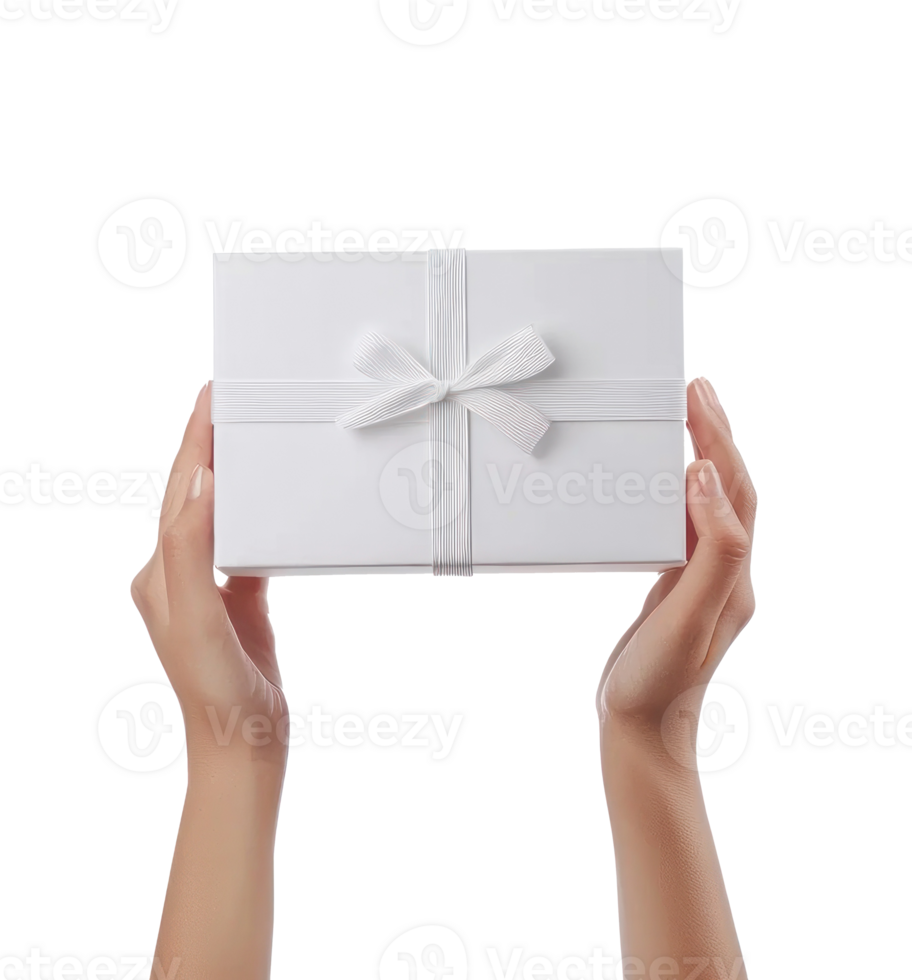 Hands holding up white gift box isolate on transparent background png