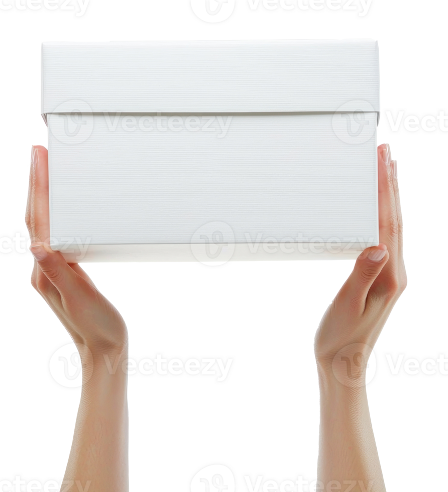 Hands holding up white gift box isolate on transparent background png
