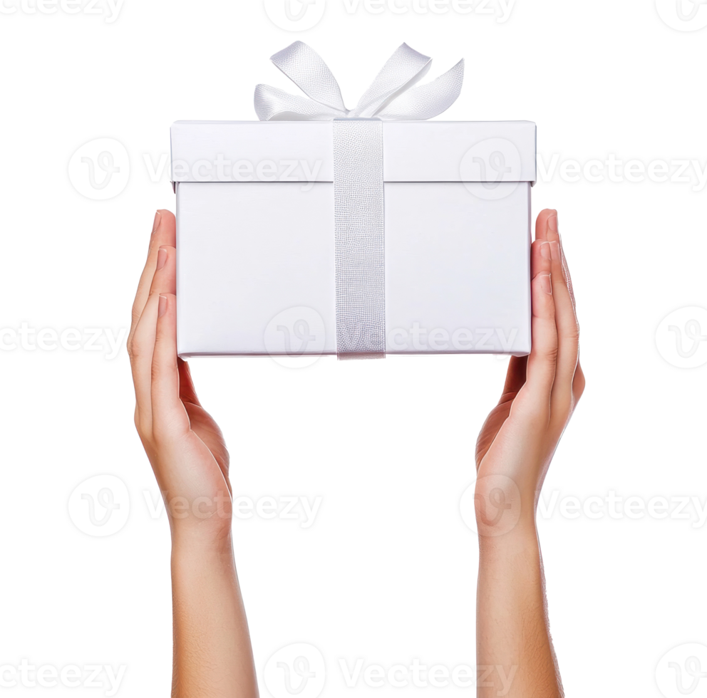 Hands holding up white gift box isolate on transparent background png