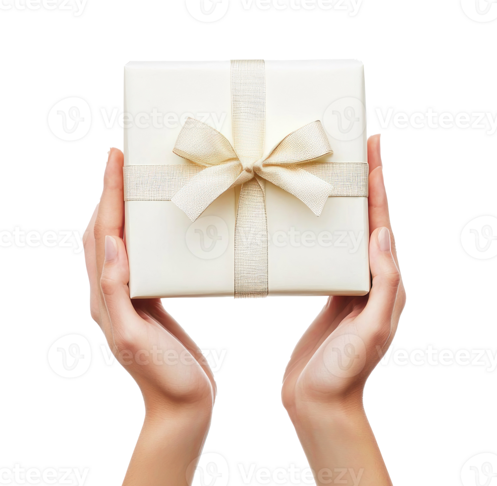 Hands holding up white gift box isolate on transparent background png