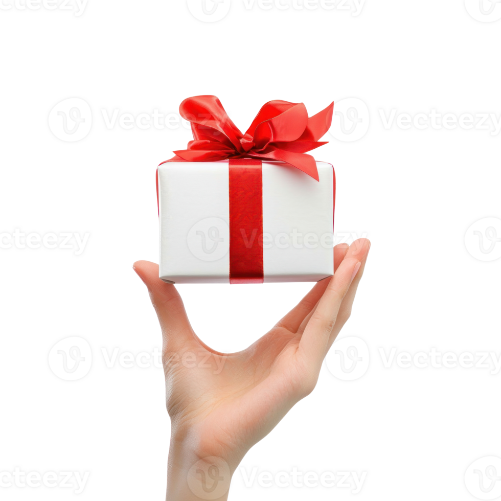 hand holding up white gift box with red ribbon isolate on transparent background png