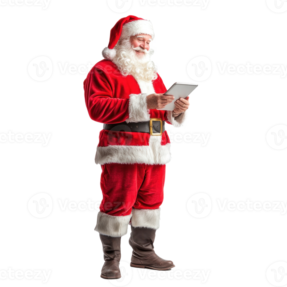 Smiling Santa Claus using digital tablet, standing side view isolate on transparent background png
