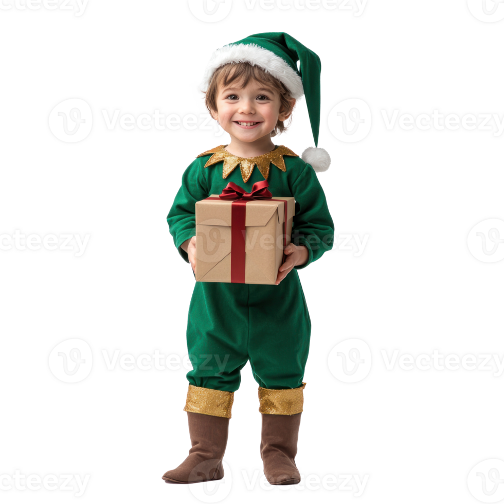 Smiling little boy wear christmas elf costume holding gift box side view isolate on transparent background png