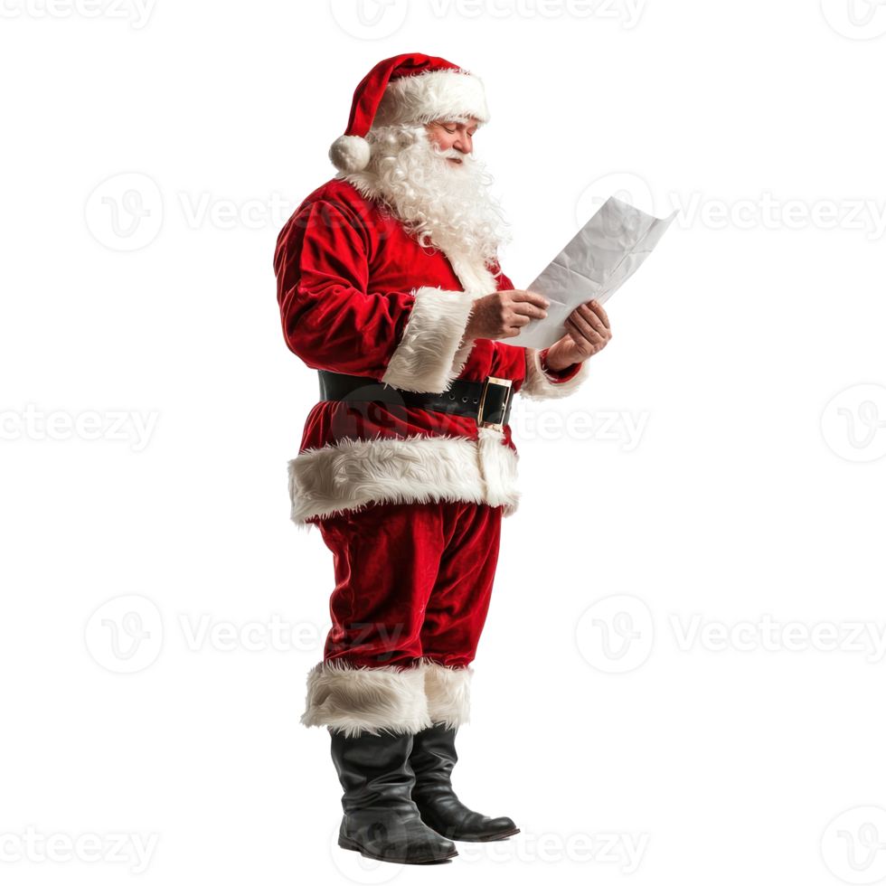 glimlachen de kerstman claus lezing brief, staand kant visie isoleren Aan transparant achtergrond png