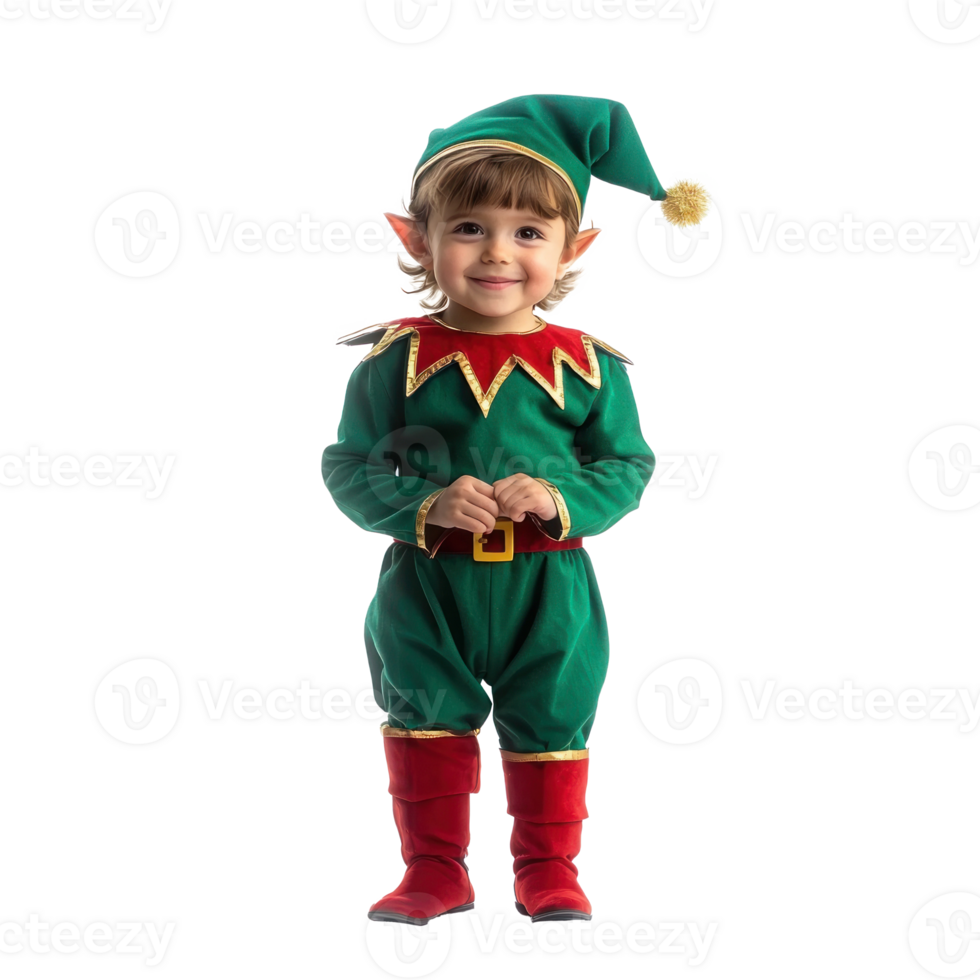 Funny little child wear christmas elf costume front view isolate on transparent background png