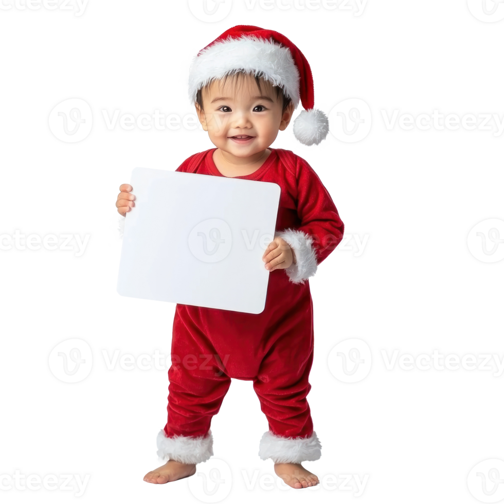 Smiling baby wear Santa red costume holding white signboard front view isolate on transparent background png
